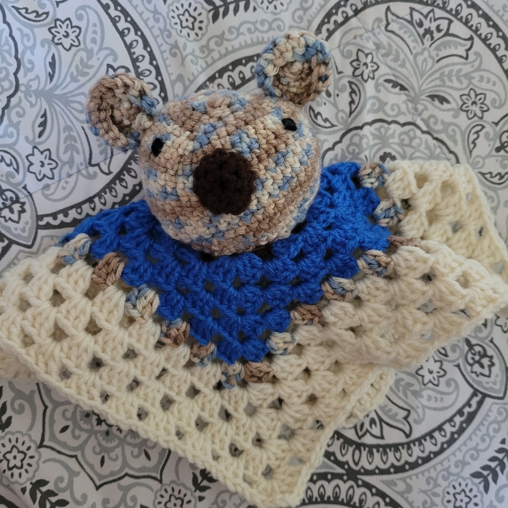 Bear lovey, cuddly-security blanket
